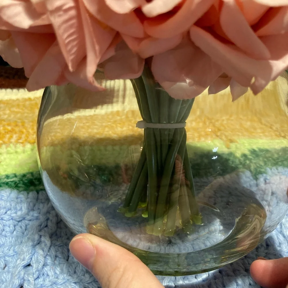 Round Pink Flower Clear Glass Fake Faux Arrangment